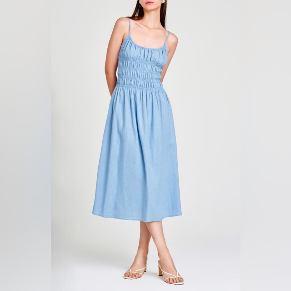 WAYF Isabelle Smocked Linen Blend Midi Sundress